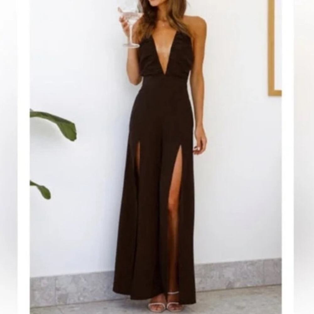 Hello Molly Jumpsuit Womens 2 Want You More Black Deep Plunge V-Neck High Slits